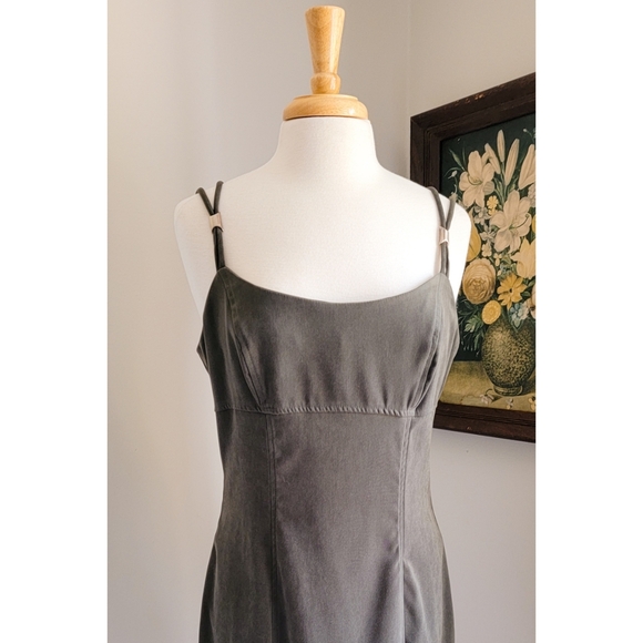 90s Green Faux Suede 1990s Vintage Split Strap Scoop Neck VTG Slip Dress - Picture 6 of 12